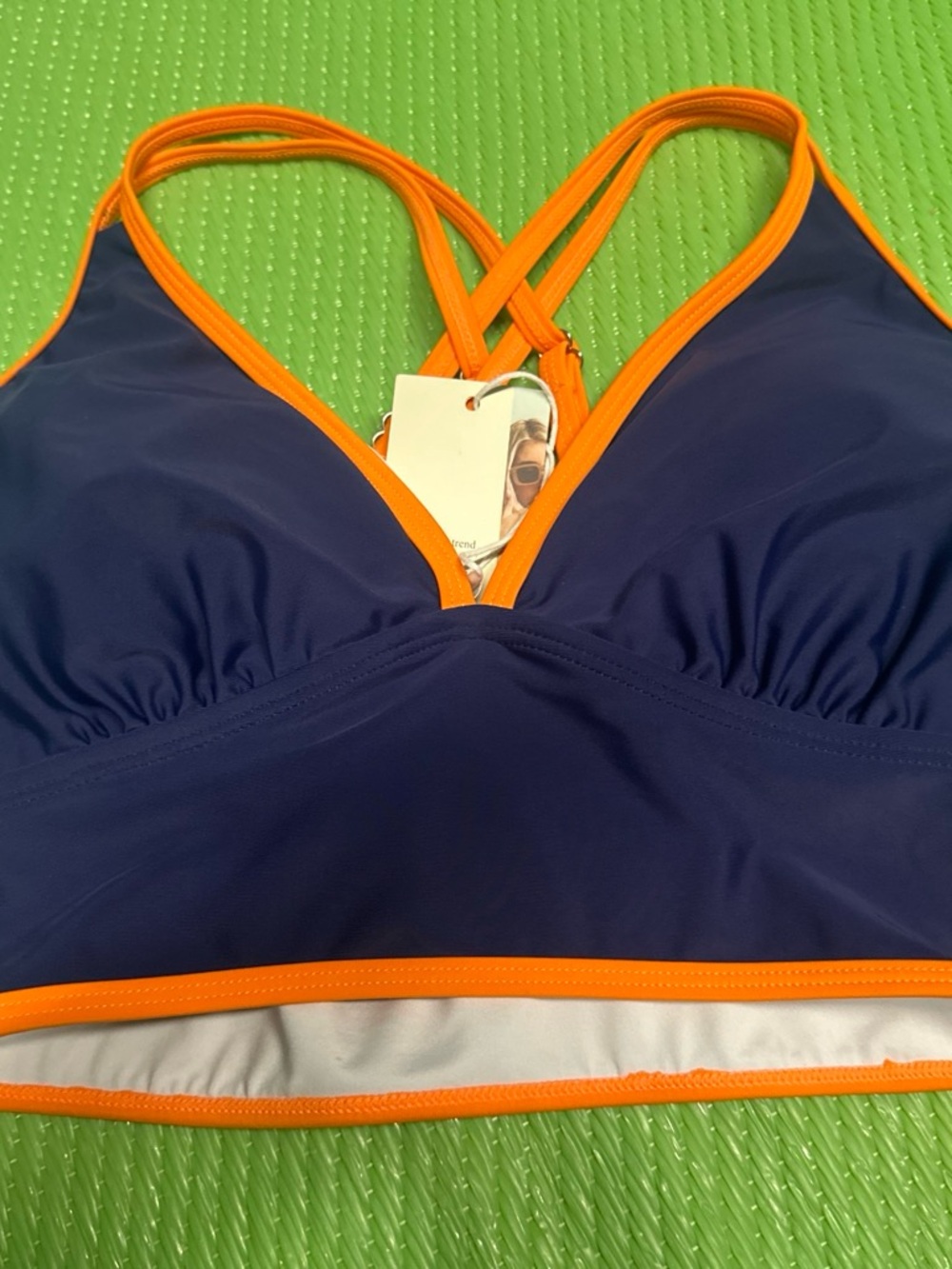 Navy and Orange Strappy Swim Top - Size S